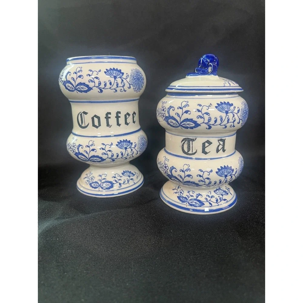 Vintage Blue Onion Style Tea & Coffee Canisters Ceramic Jars Arnart Japan READ